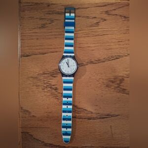 Swatch Blue, Teal, and White Waves Striped Watch Ladies- Needs Battery